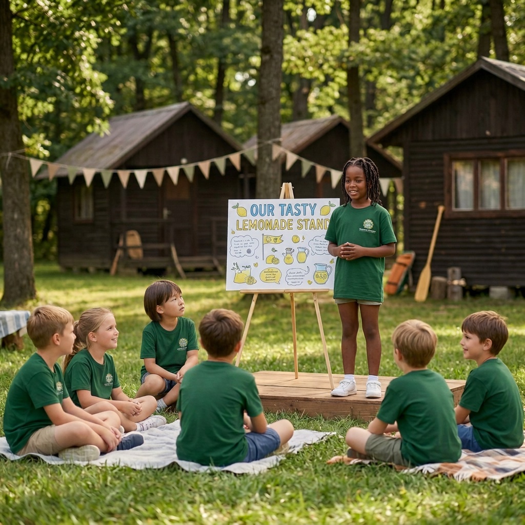 Children presenting a lemonade-stand business idea at camp