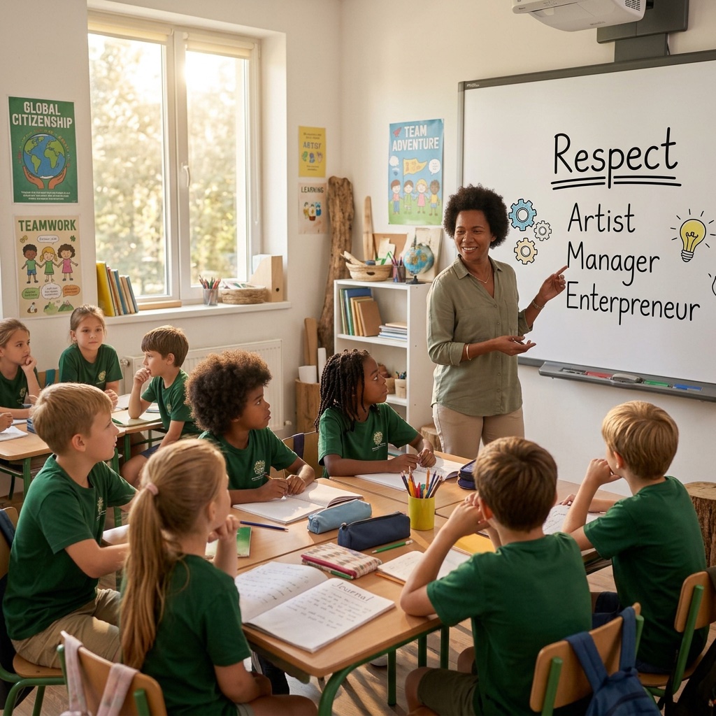 A facilitator leading children through a classroom discussion about respect, teamwork, and future careers